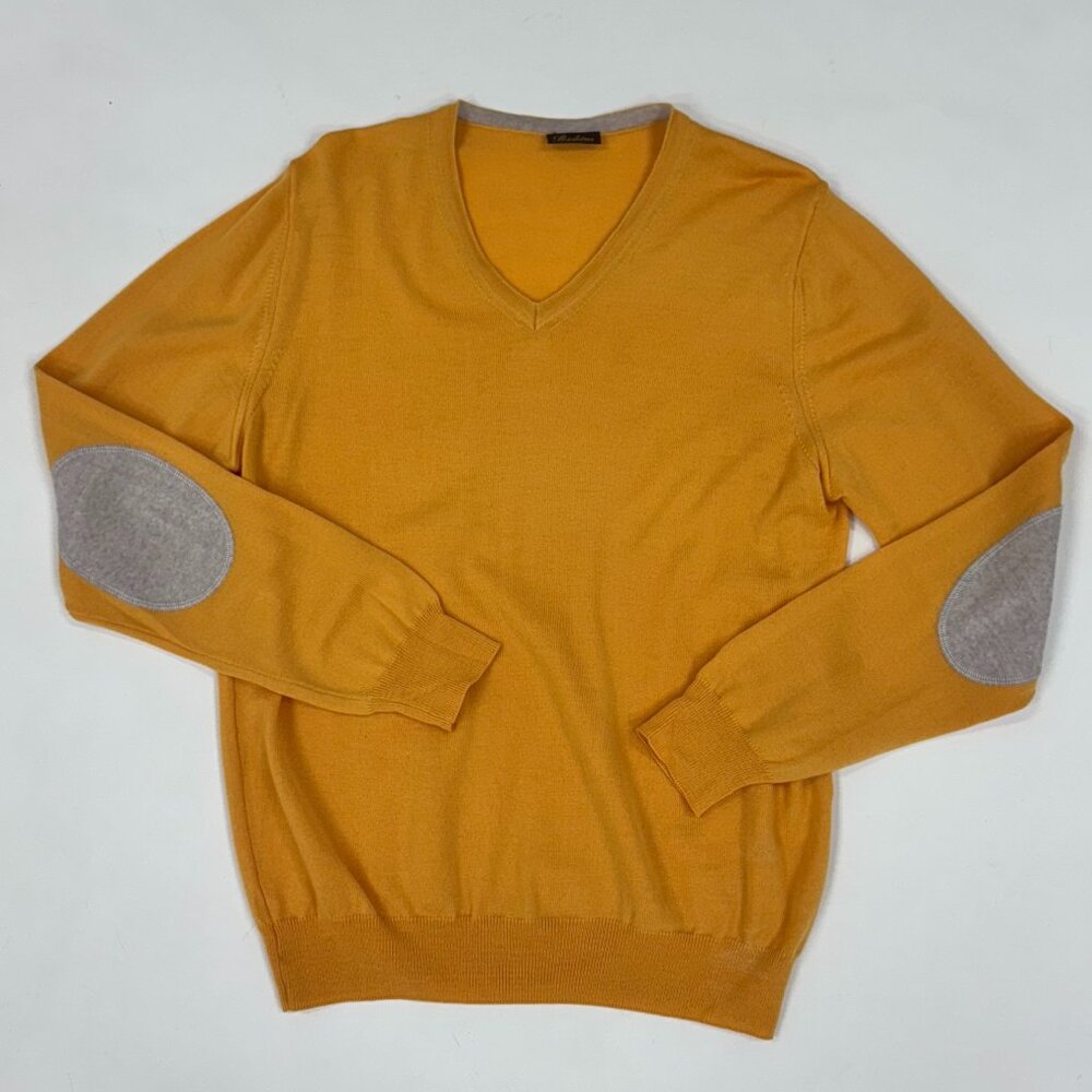 Men’s Mustard V-Neck Sweater with Suede Elbow Patches